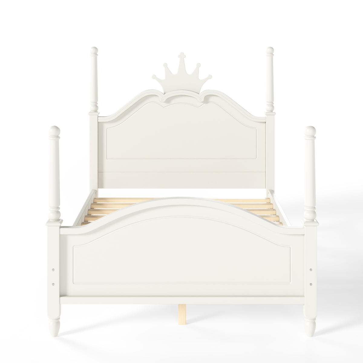 Full Size Crown Shaped Platform Bed, Four Poster Stylish Wooden Bed Frame, Elegant Curved Headboard Bed Frame For Bedroom,Beige
