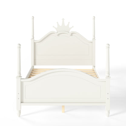 Full Size Crown Shaped Platform Bed, Four Poster Stylish Wooden Bed Frame, Elegant Curved Headboard Bed Frame For Bedroom,Beige