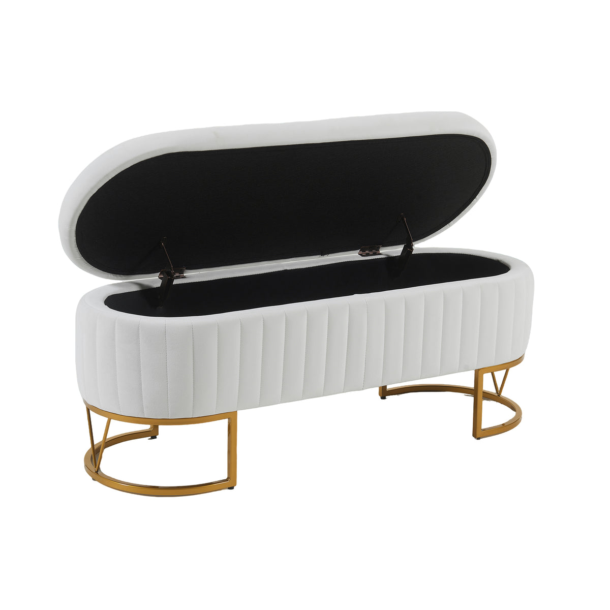 Storage Bench Bedroom Bench, Velvet Oval Upholstered End of Bed Bench with Golden Metal Legs, Modern Storage Ottoman Bench for Bedroom, Living Room, Entryway,Window,Ivory
