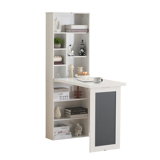 Fold-out Convertible Writing Desk, Wall Mount Table Cabinet with Blackboard and Storage Shelves, Space-Saving Murphy Desk for Home Office Living Room Bedroom (White)