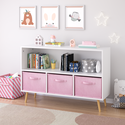 Kids bookcase with Collapsible Fabric Drawers, Children's Book Display, Toy Storage Cabinet Organizer, White/Pink