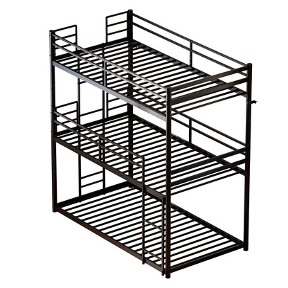 Metal Triple Bunk Bed Twin over Twin over Twin, Heavy Duty 3-in-1 Convertible Metal Bunk Bed Frame with Ladders, Guardrails & Anti-Tip Kit, Space-Saving Bed for Kids, Teens, Adults, No Box Spring Need