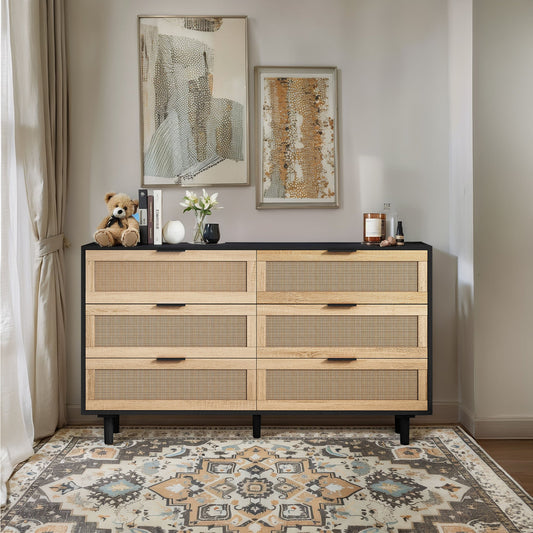51.18" 6-Drawers Rattan Storage Cabinet Rattan Drawer, Black (Same SKU:W757112779)
