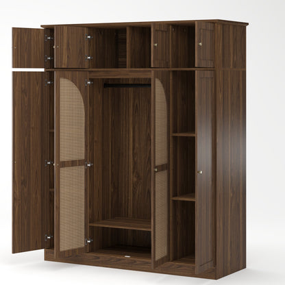 70.87"Tall 8-Door Large Capacity Armoire Wardrobe Closet with Hanging Rod, Adjustable Shelves and Rattan Decorative Doors, Clothing Storage Cabinet for Bedroom, walk-in closet, Living Room, Walnut