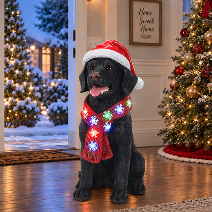 Lighted Christmas Golden Retriever Dog Statue, Santa Hat Puppy Figurine with LED Scarf