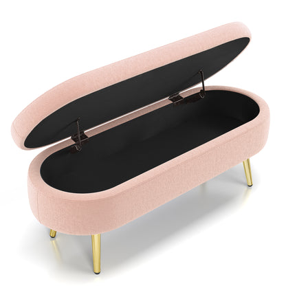 Ottoman Oval Storage Bench, Flannel with Metal Legs-Pink(43.5'x16'x16')