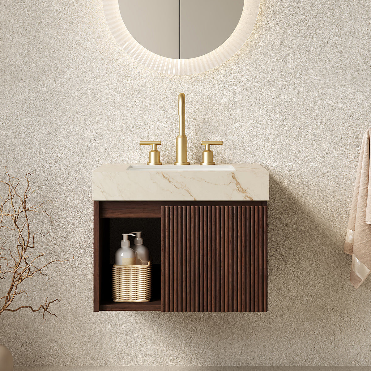 EIDEN 24' Bathroom Vanity&Sink,Floating Storage Cabinet, Cream Gold Vein Sintered Stone Top&Ceramic Basin with 3 Pre-drilled Faucet Holes,Disassembled, NO Faucet and Drain Set, Walnut Woodgrain Color