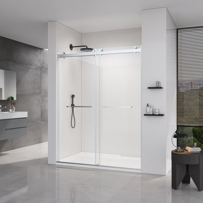56-60*76 INCH Double Sliding Frameless Soft-Close Shower Door with Premium (8mm)Thick Tampered Glass and Easy-Cleaning Coating In --Brushed Nickel
