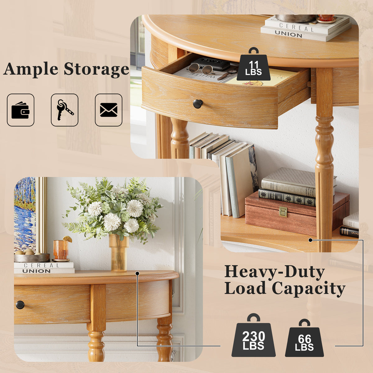 TREXM Farmhouse Half Moon Console Table with Drawer & Shelf - Rustic Accent Table, Sofa Table, Hallway and Foyer (Natural)