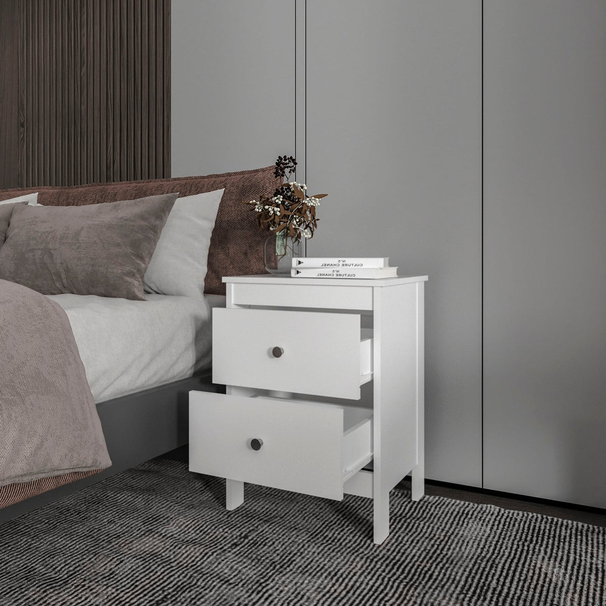 FM FURNITURE Nogales NightStand with 2 Drawers, Withe