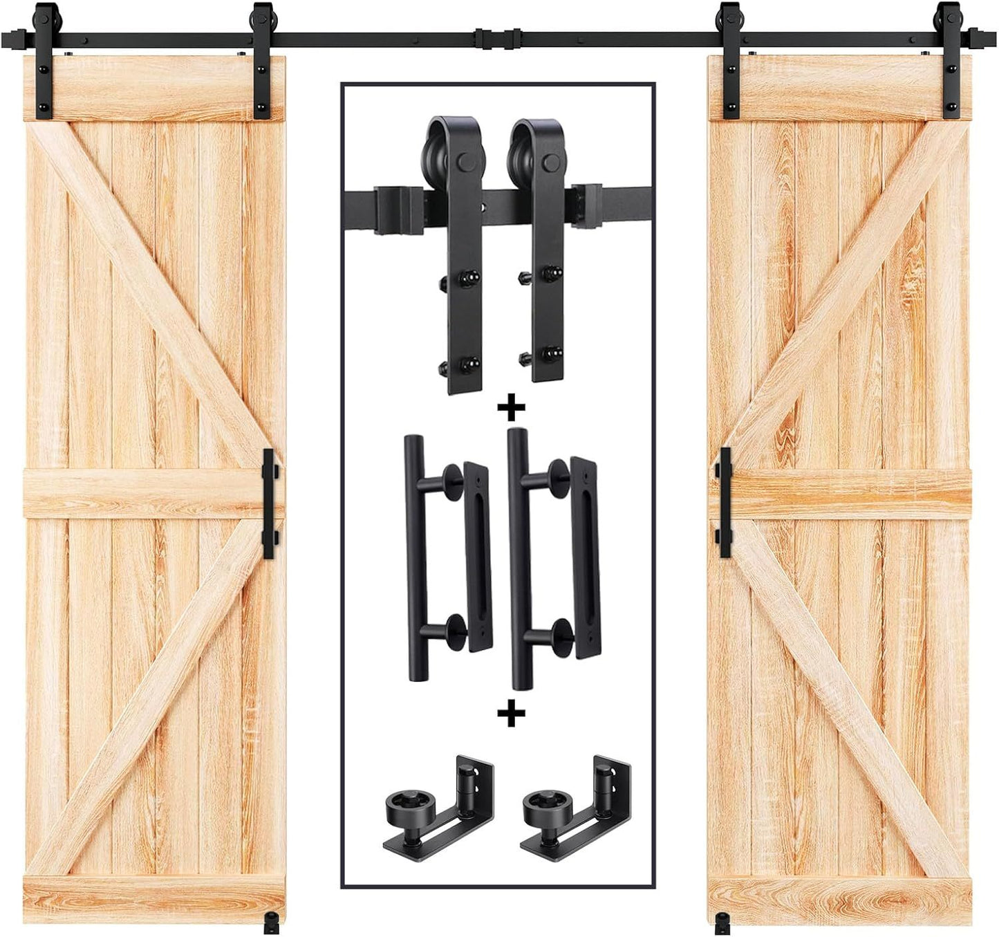 8 FT Double Sliding Barn Door Track and Handle Hardware Kit,Basic J Pulley,Slide Smoothly Quietly,Easy Install (8FT Track Kit for 20'~24' Wide Double Door)