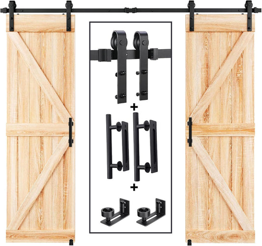 8 FT Double Sliding Barn Door Track and Handle Hardware Kit,Basic J Pulley,Slide Smoothly Quietly,Easy Install (8FT Track Kit for 20'~24' Wide Double Door)