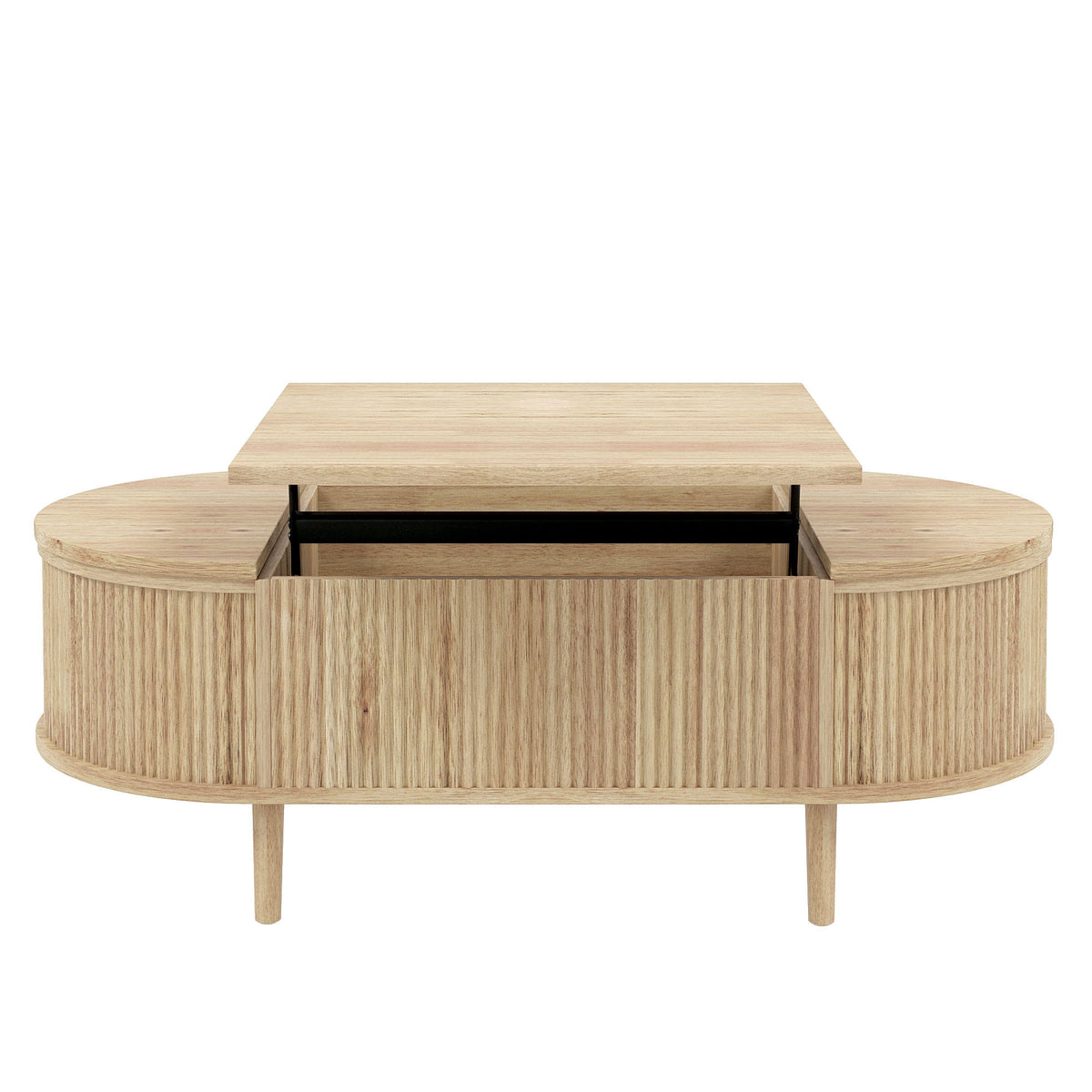 U-Can Minimalist Oval Lift-Top Coffee Table with Hidden Storage and Wood Wave Grain Finish