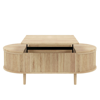 U-Can Minimalist Oval Lift-Top Coffee Table with Hidden Storage and Wood Wave Grain Finish