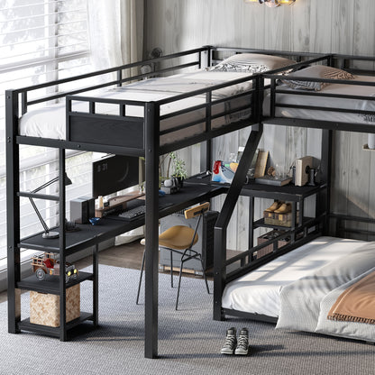 L-Shaped Metal Bunk Bed (Top bed: twin xl, bottom bed: queen) with Single Loft Bed, Desk, and Storage Shelves, USB Charging Port Included - Metal Triple Bunk Bed with Slide,B