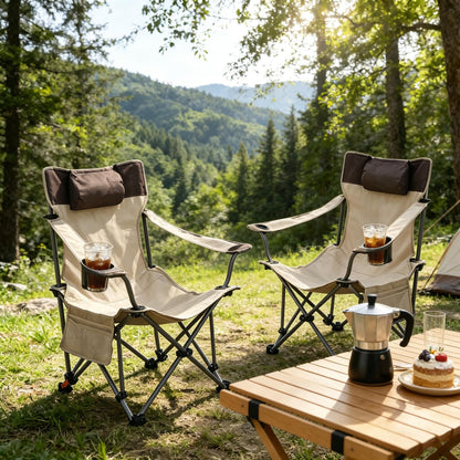 2PCS Outdoor Camping Chairs Folding/Portable/Adjustable reclining chair(Three-level adjustment), Side Pockets & Cup Holder,Carry Bag,Beige