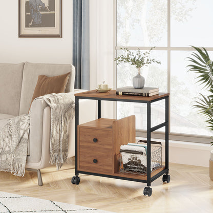 End Table with Wheels & Storage Drawers, Side Table,  Nightstand, Stable Metal Frame, Wood Top, for Bedroom Kitchen Living Room and Office, 14.9"D x 23.6"W x 25.7"H