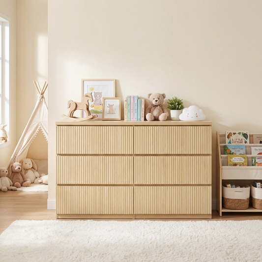 Modern Natural Wood 6 Drawer Dresser, Wave Panel Drawer Fronts, Storage Cabinet, Versatile Chest of Drawers for Bedroom, Living Room - Sleek & Spacious Home Storage Solution