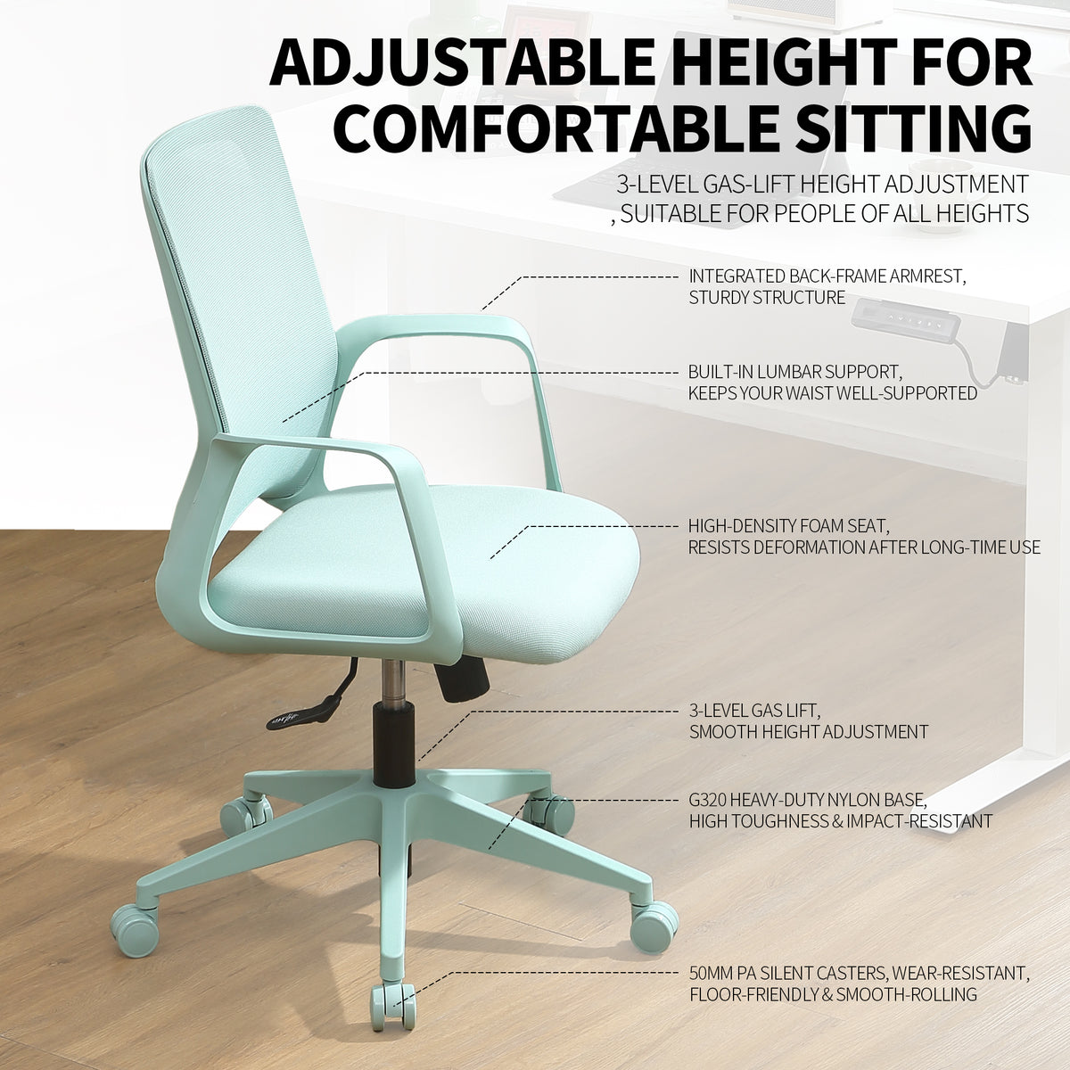 Executive Office Ergonomic Mesh Chair 350LBS, Office Seating, Mesh Fabric, Comfortable Sitting, Integrated Armrest, Lifting, Swivel Net Chair (Cyan)