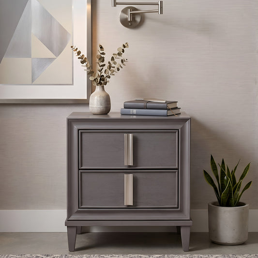 Solid Wood and MDF Gray 2 Drawer Nightstand With Metal Handles Fully Assembled