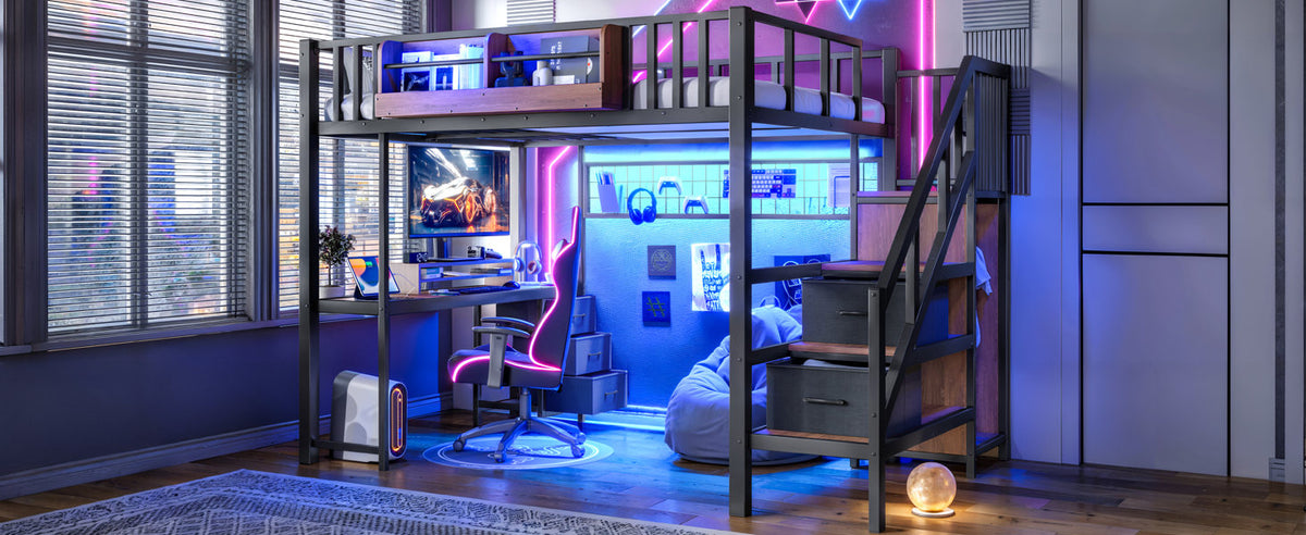 Full Size Loft bed with desk, Heavy Duty save space Loft Bed with Drawers & Storage Stair, All-in-One Metal Frame Multi-Functional Loft Bed for Teens Adults, Black