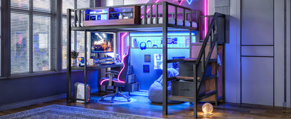 Full Size Loft bed with desk, Heavy Duty save space Loft Bed with Drawers & Storage Stair, All-in-One Metal Frame Multi-Functional Loft Bed for Teens Adults, Black