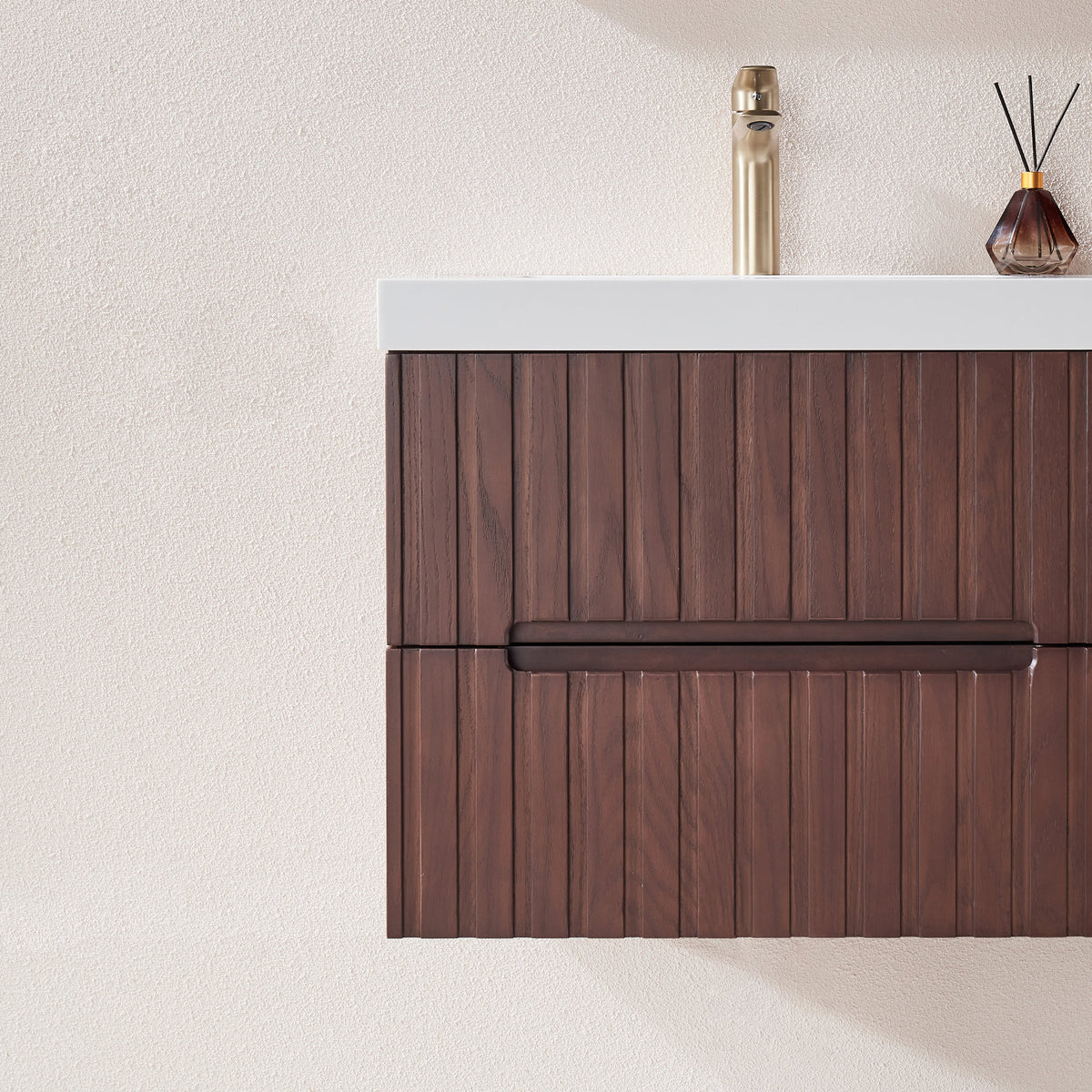 24' Wall Mounted & Floating Single Dark Walnut Bathroom Vanity with Acrylic Integrated White Basin, Pre-assembled Plywood Cabinet With 2 Drawers