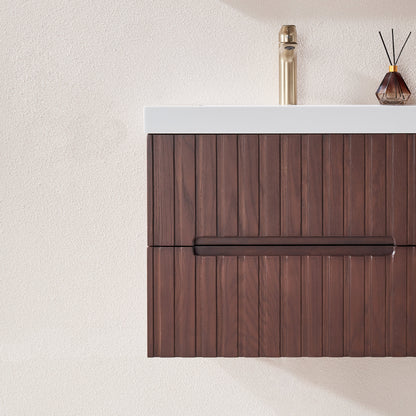 24' Wall Mounted & Floating Single Dark Walnut Bathroom Vanity with Acrylic Integrated White Basin, Pre-assembled Plywood Cabinet With 2 Drawers