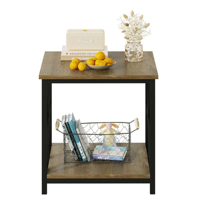24" End Table with Storage, 2-Tier Side Table with Open Shelves for Living Room, Bedroom Nightstand, Farmhouse Accent Table, Grey Wash