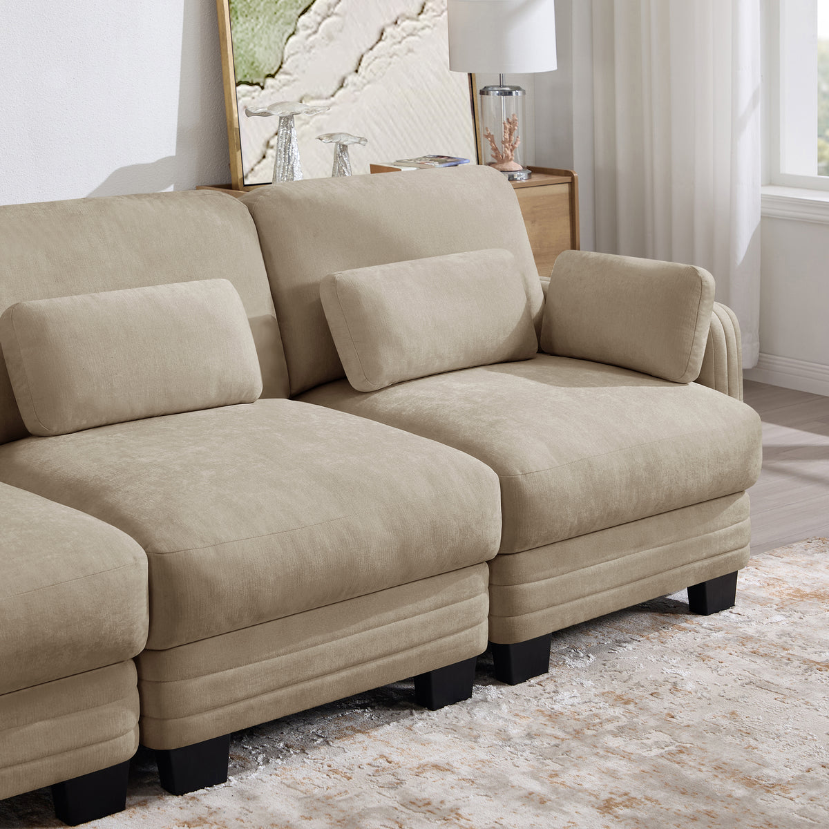 Channel Tufted Design Modern Minimalist Modular Sectional Loveseat Sofa, 2-Seater Couch with Thick Comfortable Seat Cushions, Suitable for Living Room, Bedroom and Apartment, Camel Chenille