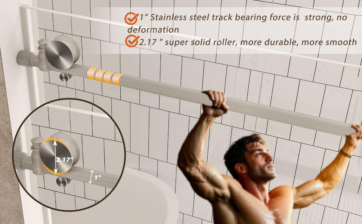 Frameless shower door 56-60 "W x 76" H, 1/4 "(6 mm) Clear Tempered Glass, Explosion Proof Film, Stainless Steel Handle,Brushed Nickel