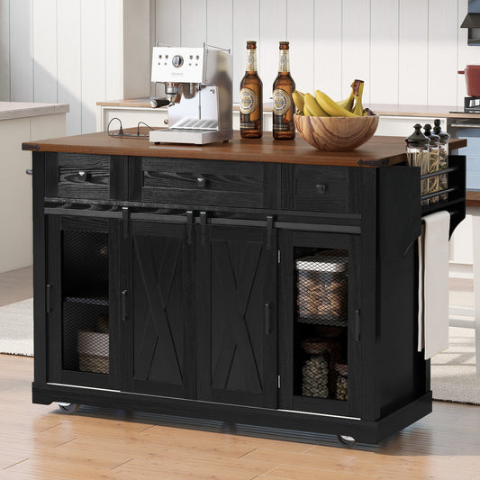 K&K 58' Farmhouse Kitchen Island with Storage, Sliding Barn Door & Metal Grid Side Door, Rolling Kitchen Island on 5 Wheels with Spice Rack, Glass Holders,Island Table with Drop Leaf for Kitchen,Black
