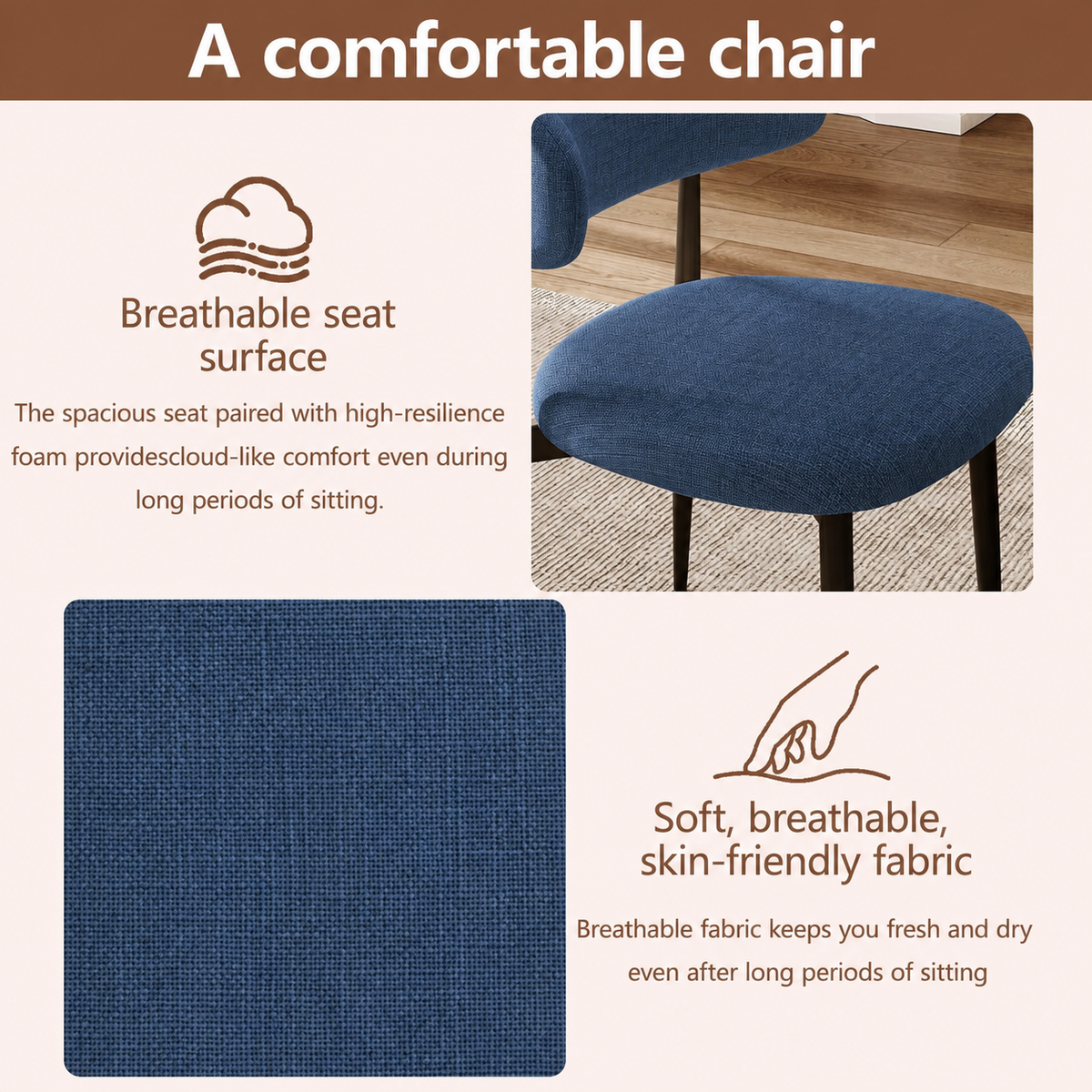 Dining Chairs Set of 2, Metal Kitchen Chairs with Modern Linen Fabric Upholstered for Dining Room, NAVY Seat