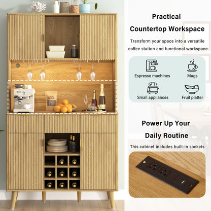 U_Style 72.2" High Kitchen or Bar Cabinet with Electrical Outlet and LED Light, Wine Bottle Storage with Nine-Grid Wine Rack,Multi-Functional Home Sideboard for Dining Room, and Hallway