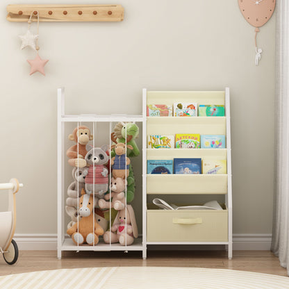 Kids Bookshelf and Toy Storage Organizer, Dual-Sided Children Bookshelf with Figure Display Storage and Book Sling Pockets, Toy Organizer for Playroom, Bedroom and Nursery