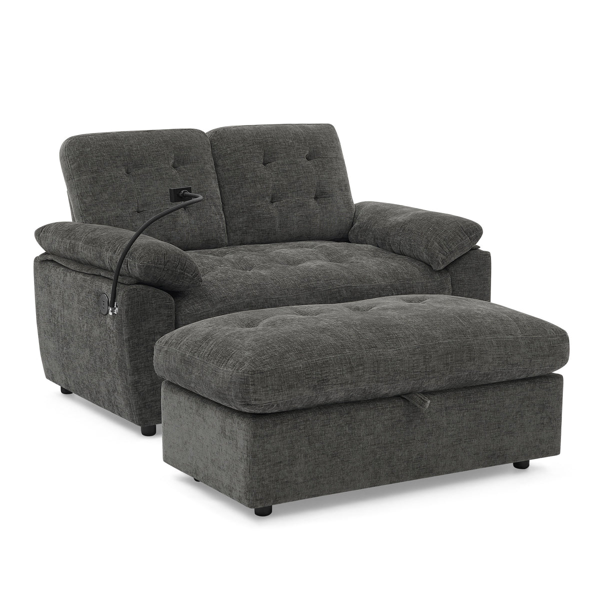 Leisure sofa chair,Double sofa recliner, with manually adjustable backrest, soft padded armrests, side USB charging port and phone stand, comes with a matching storage ottoman-Gray