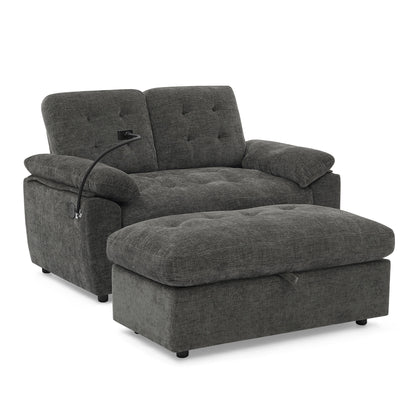 Leisure sofa chair,Double sofa recliner, with manually adjustable backrest, soft padded armrests, side USB charging port and phone stand, comes with a matching storage ottoman-Gray