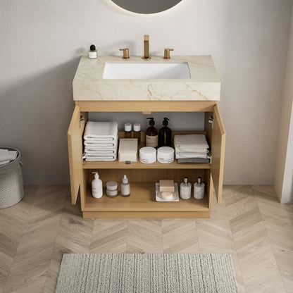 FINO 30" Bathroom Vanity&Sink,Freestanding Cabinet,Cream Gold Vein Sintered Stone Top&Ceramic Basin with 3 Pre-drilled Faucet Holes, Disassembled, Faucet & Drain Excluded, Corolla Oak Woodgrain Color