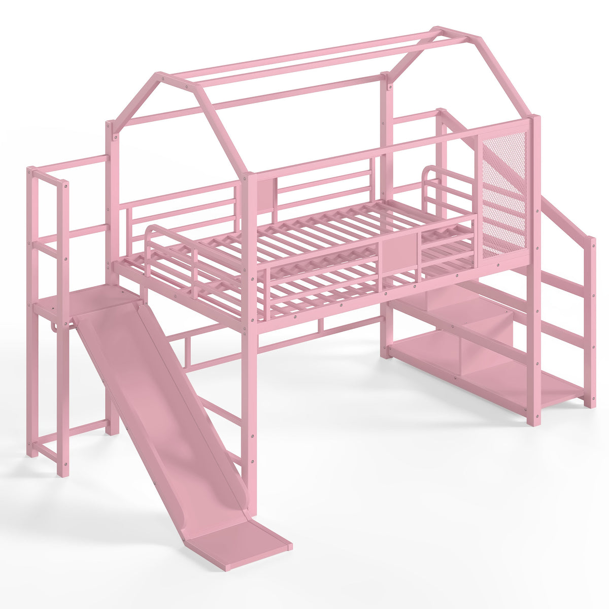 Full House Loft bed with Slide and Stairs, Metal Playhouse Bed with Storage Shelves, House-shaped Roof and Noise-free Design, Pink