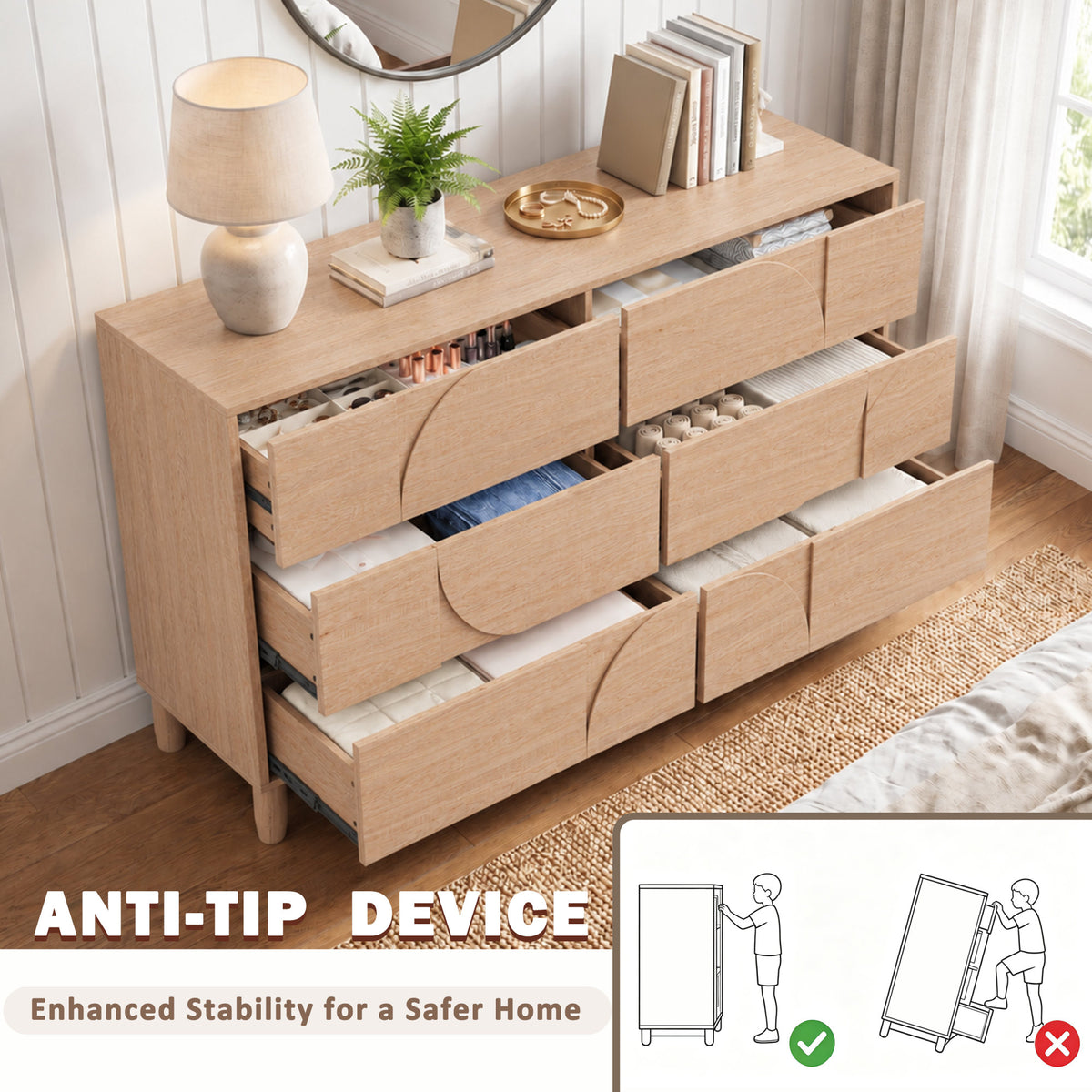 Mid Century 6-Drawer Dresser for Bedroom, 55" Wide Modern Chest of Drawers, TV Stand for Living Room, Solid Wood legs,Vanity Desk, Closet Storage, Drawers Organizer Furniture, Hallway,Light Oak