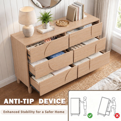 Mid Century 6-Drawer Dresser for Bedroom, 55" Wide Modern Chest of Drawers, TV Stand for Living Room, Solid Wood legs,Vanity Desk, Closet Storage, Drawers Organizer Furniture, Hallway,Light Oak