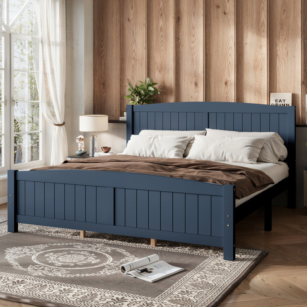 King Size Platform Bed, Solid Wood Platform Bed with Support Slats and Strong Structure, No Box Spring Needed, Blue