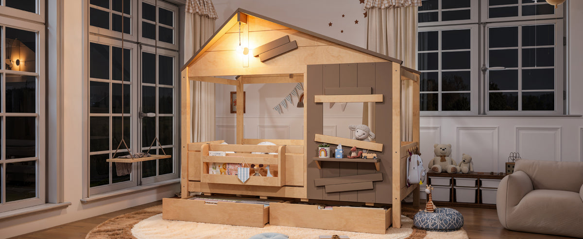 Twin Size Farmhouse Spliced House Bed with Window Shelf & Side Hooks, Playhouse Bed Frame with Underbed Storage Drawers and LED,Light Natural