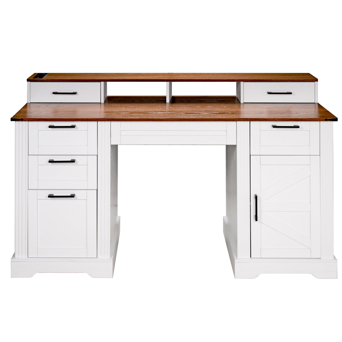 White Farmhouse Office Desk with Charging Station, Monitor Stand & Storage Cabinet, Barn Door Design, MDF, 59.5' L x 21' W x 35.8' H