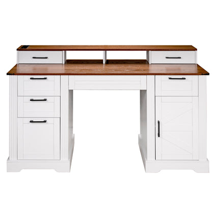 White Farmhouse Office Desk with Charging Station, Monitor Stand & Storage Cabinet, Barn Door Design, MDF, 59.5' L x 21' W x 35.8' H