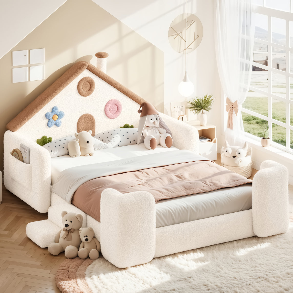 Full House Shaped Upholstered Floor bed, Upholstered Kids bed with Safety Side Rails, Solid Children Bed Frame, Low Floor Playhouse Bed for Nursery & Kids Bedroom.Beige & Natural