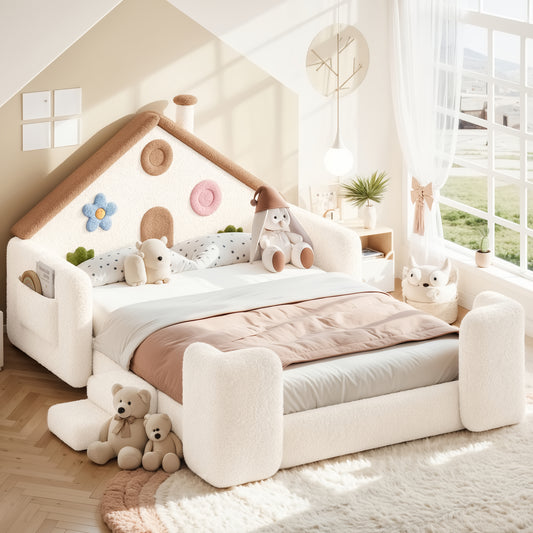 Full House Shaped Upholstered Floor bed, Upholstered Kids bed with Safety Side Rails, Solid Children Bed Frame, Low Floor Playhouse Bed for Nursery & Kids Bedroom.Beige & Natural