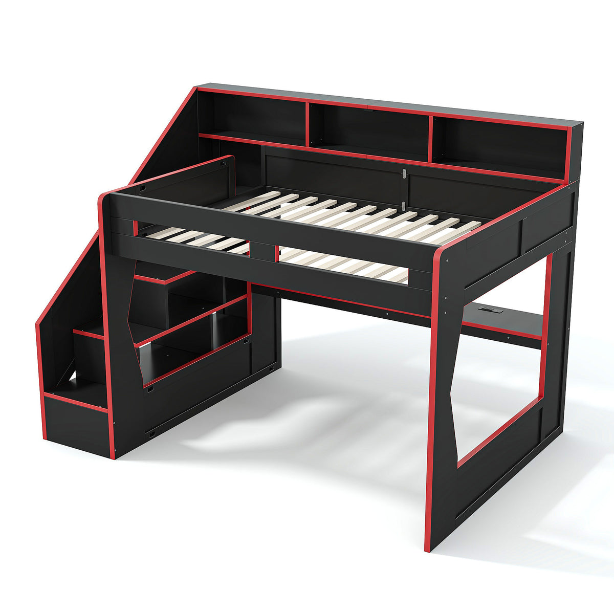 Queen Size Gaming Loft Bed with Storage Stair & Open Headboard Shelves, LED Light & USB Charging Desk, Elevated Loft Bed Frame with House-Shaped Cutout Design for Gamers,Black&Red