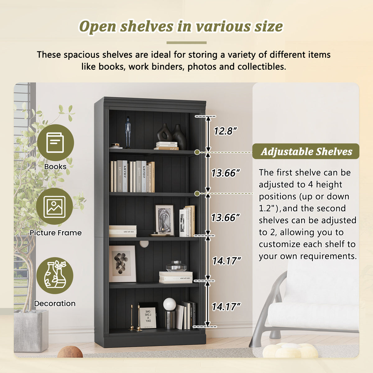 83.4' Tall Wood Bookcase with light strip,5-Tier Decor Bookshelves with Adjustable Shelves,Storage Organizer for CDs/Books/Movies,Free Standing Storage Shelves for Living Room,Home Office,Black