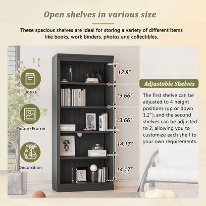 83.4' Tall Wood Bookcase with light strip,5-Tier Decor Bookshelves with Adjustable Shelves,Storage Organizer for CDs/Books/Movies,Free Standing Storage Shelves for Living Room,Home Office,Black